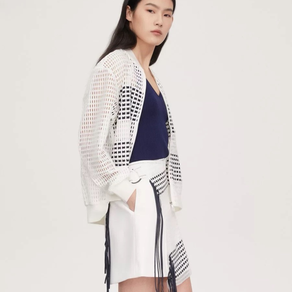 COMME MOI Stylish Sheer White and Navy Bomber Jacket